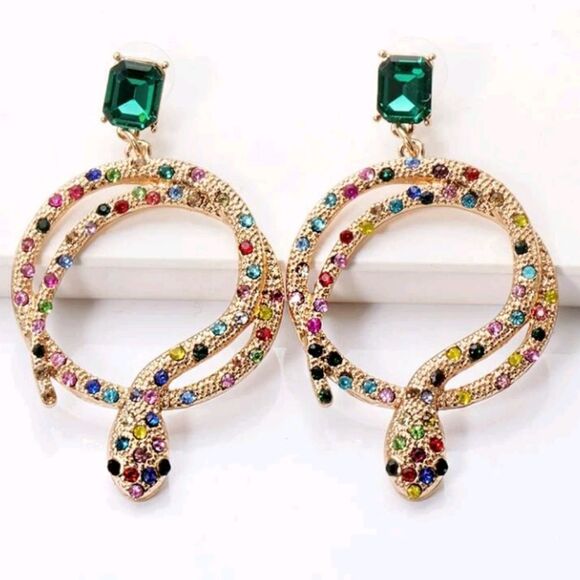 Gold Snake Hoop Earrings with Rainbow Rhinestones - Picture 1 of 3